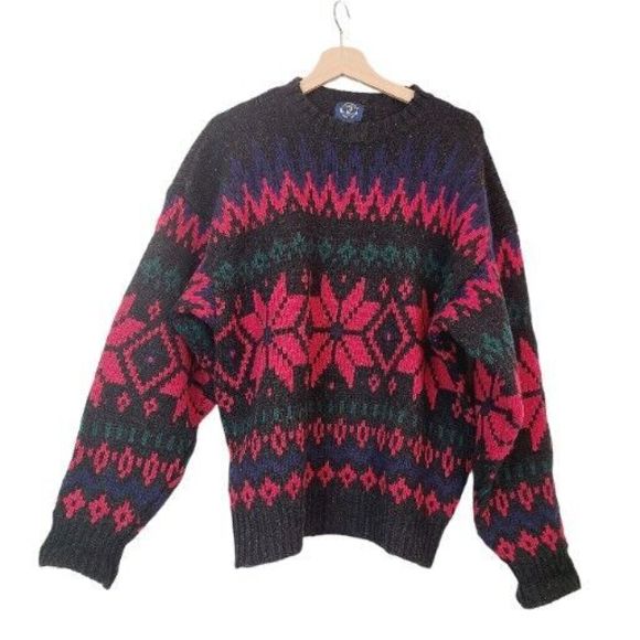 Vintage GAP Sweater Mens Blue Red Green Fair Isle‎ Snowflake 100% Wool Large - Picture 2 of 8